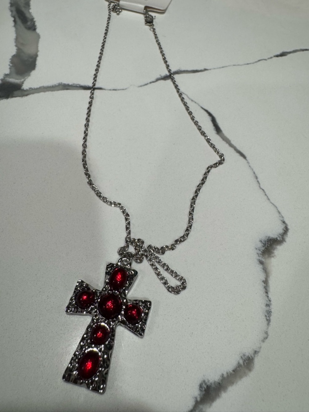 Silver Cross Pendant Necklace with Red Gemstones